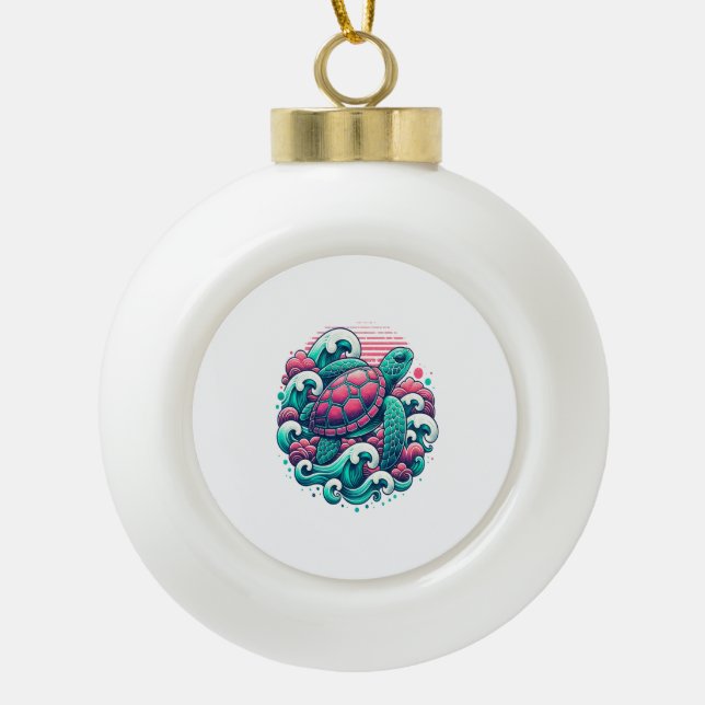 Retro Summer Ocean Wave Turtle Ceramic Ball Christmas Ornament (Front)