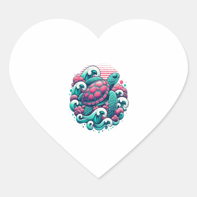 Retro Summer Ocean Wave Turtle Heart Sticker (Front)