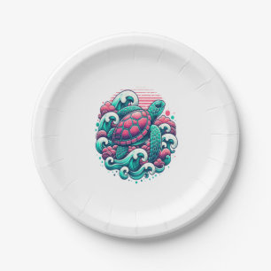 Retro Summer Ocean Wave Turtle Paper Plate