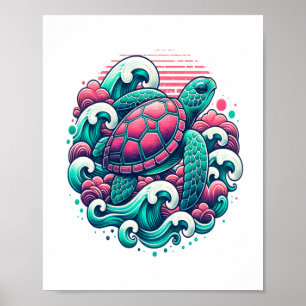 Retro Summer Ocean Wave Turtle Poster