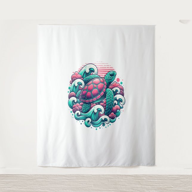 Retro Summer Ocean Wave Turtle Tapestry (Front)