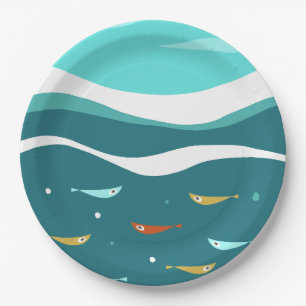 Retro Summer Ocean Waves Mid Century Modern Paper Plate