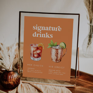 Retro Summer Orange Wedding Signature Drinks Sign