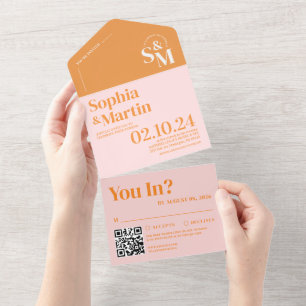 Retro Summer Pink and Orange Photo Wedding All In One Invitation