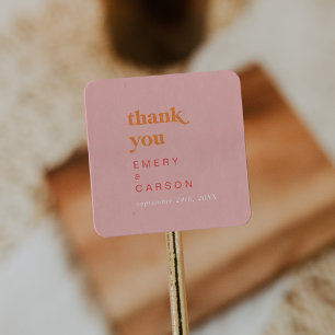 Retro Summer   Pink Orange Thank You Favour Sticke Square Sticker