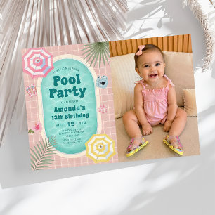 Retro Summer Pool Party Birthday Photo Invitation
