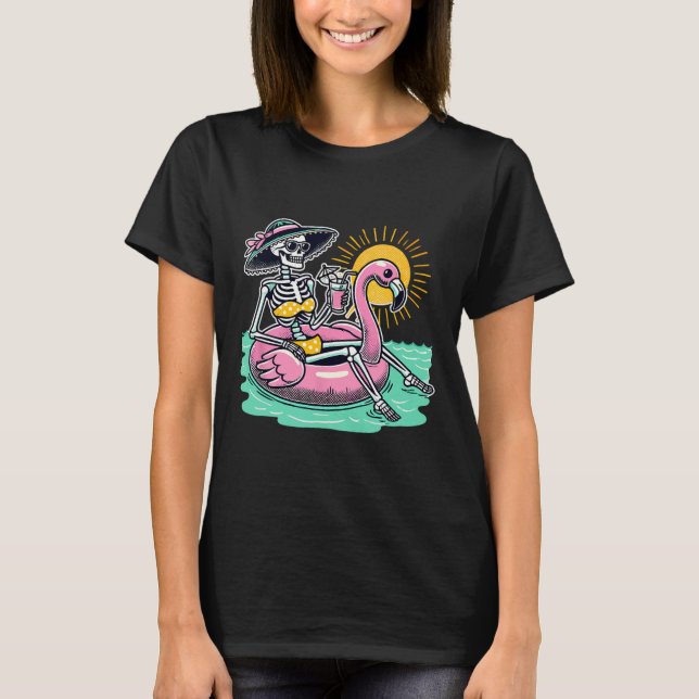 Retro Summer Skeleton Flamingo Float Vacation Beac T-Shirt (Front)