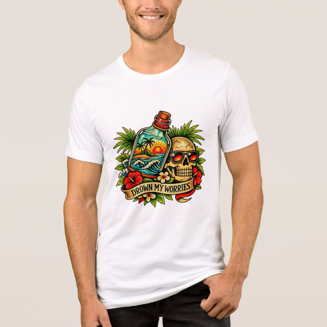Retro Summer Skull Message in a Bottle Beach Tri-Blend Shirt (Front)