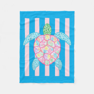 Retro Summer Stripes Preppy Beach Sea Turtle Fleece Blanket