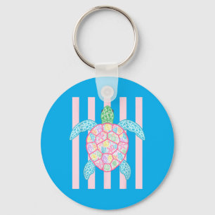Retro Summer Stripes Preppy Beach Sea Turtle Key Ring