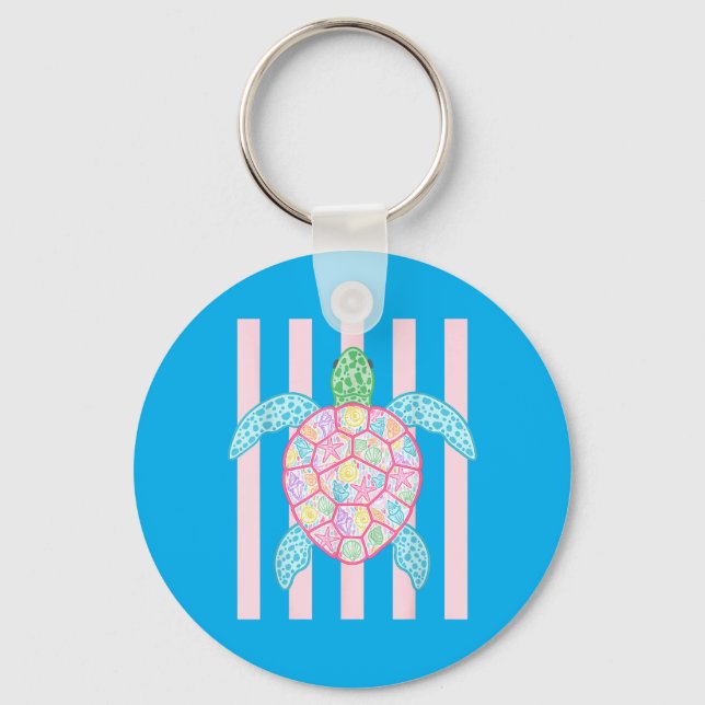 Retro Summer Stripes Preppy Beach Sea Turtle Key Ring (Front)