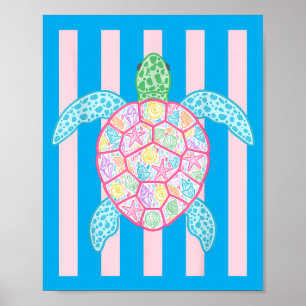 Retro Summer Stripes Preppy Beach Sea Turtle Poster