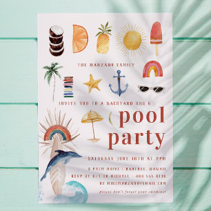 Retro Summer Surf   Pool Party Invitation