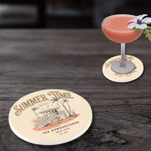 Retro Summer Time Beach Hut Illustration Coaster