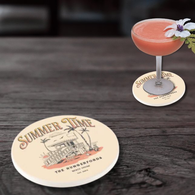 Retro Summer Time Beach Hut Illustration Coaster (Creator Uploaded)