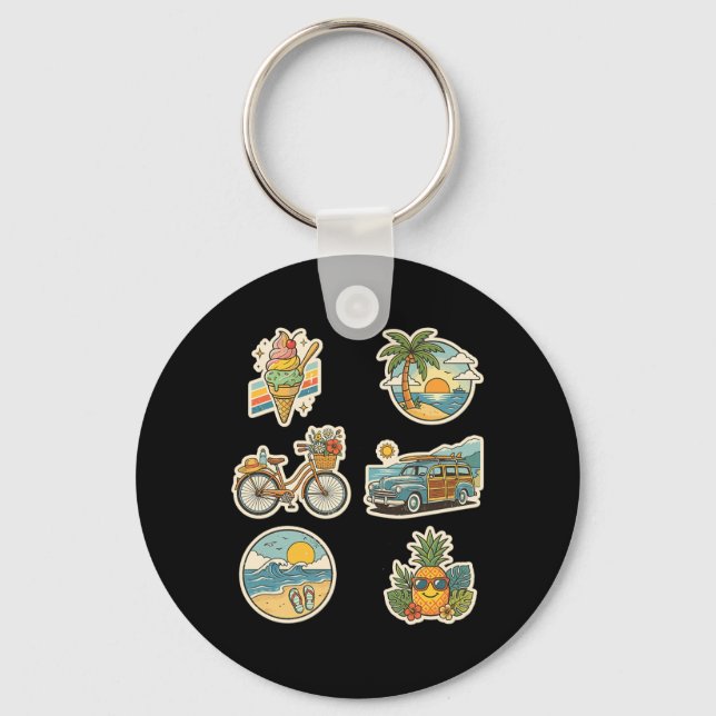 Retro Summer Trocal Beach Vacation Graphic Key Ring (Front)