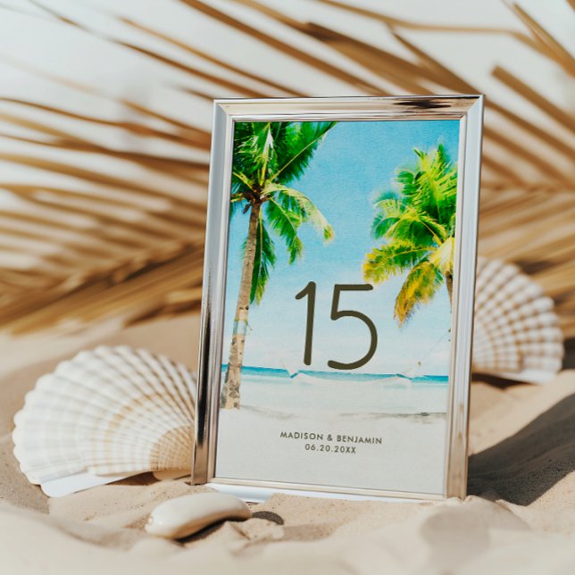 Retro Summer Tropical Palm Tree Beach Wedding Table Number (Creator Uploaded)