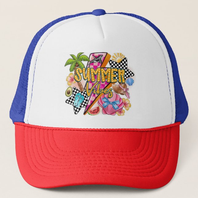 Retro Summer Vibes Trucker Hat – Colourful 90s Aes (Front)