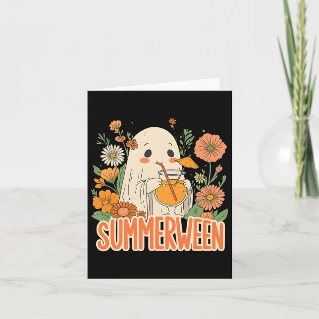 Retro Summerween Ghost Boho Floral Summer Hallowee Card (Front)