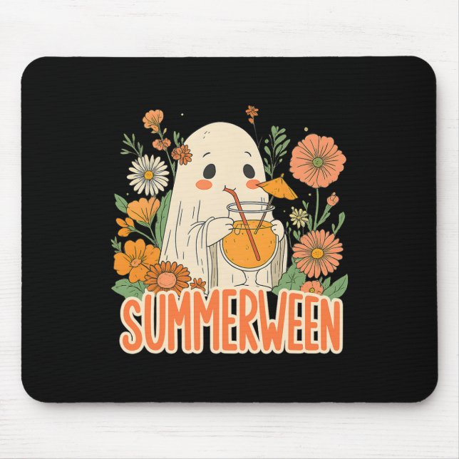 Retro Summerween Ghost Boho Floral Summer Hallowee Mouse Pad (Front)
