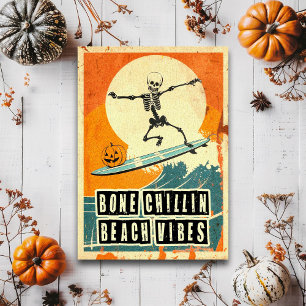 Retro Summerween Surfing Skeleton Spooky Postcard