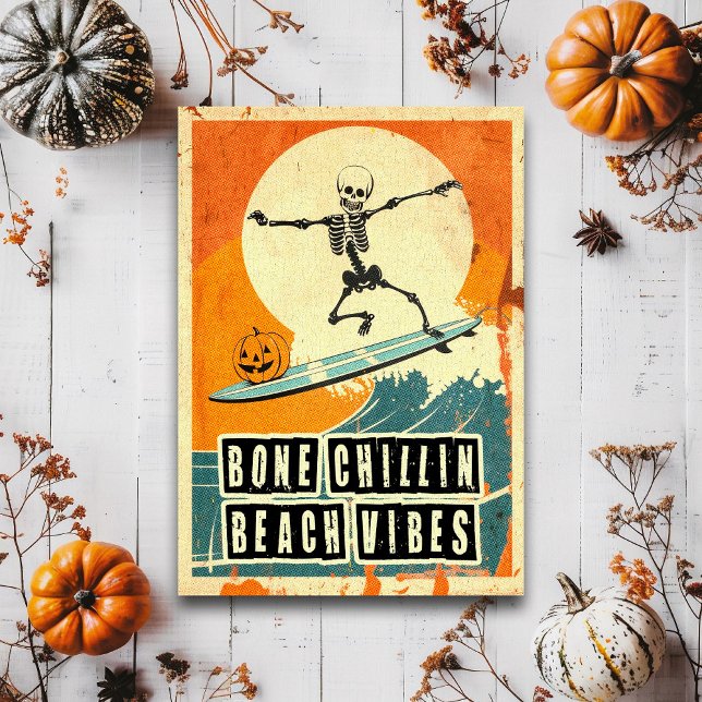 Retro Summerween Surfing Skeleton Spooky Postcard (Creator Uploaded)