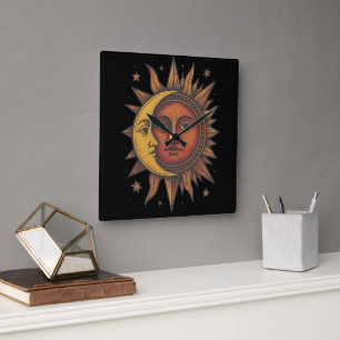 Retro Sun and Moon Square Wall Clock