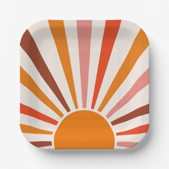 Retro Sun Burst Sunset Orange Yellow Red Pink  Paper Plate (Front)
