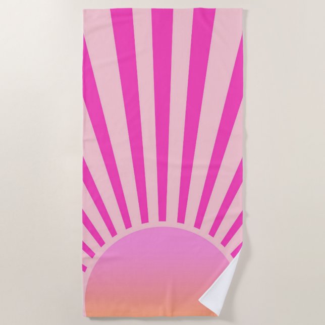 Retro Sun Burst Sunset Sunrise Hot Pink Ombre  Beach Towel (Front)