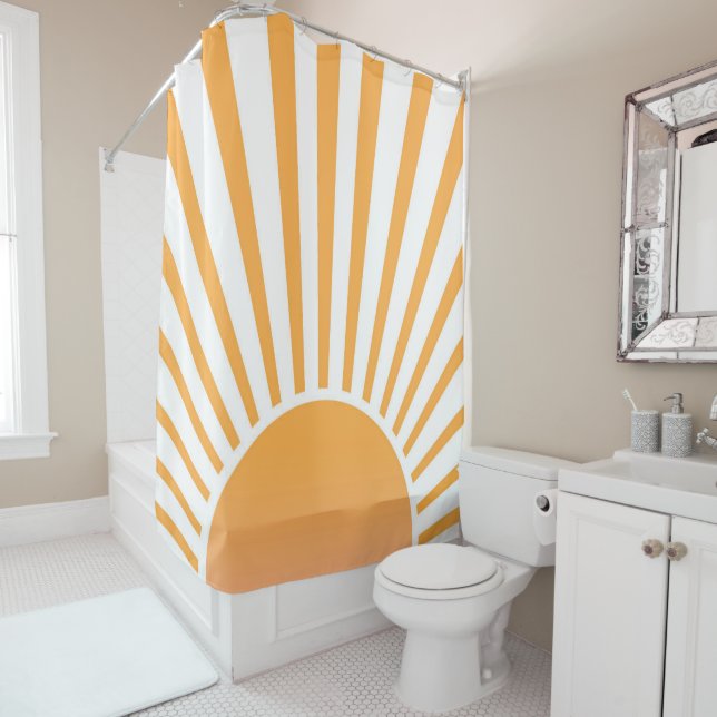 Retro Sun Burst Sunset Sunrise Orange Shower Curtain (In Situ)