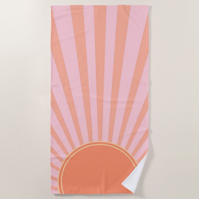 Retro Sun Burst Sunset Sunrise Pastel Pink   Beach Towel (Front)