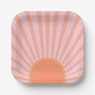 Retro Sun Burst Sunset Sunrise Pastel Pink  Paper Plate