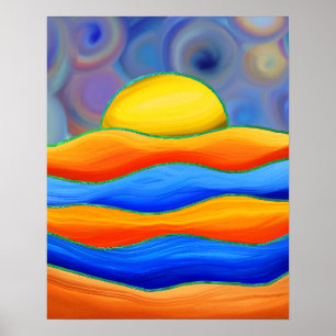 RETRO SUN COLORFUL WAVE LANDSCAPE POSTER