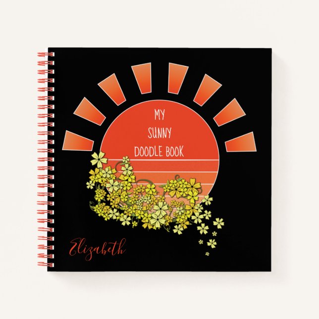 Retro Sun Doodle Personalised Sketchbook Black Notebook (Front)