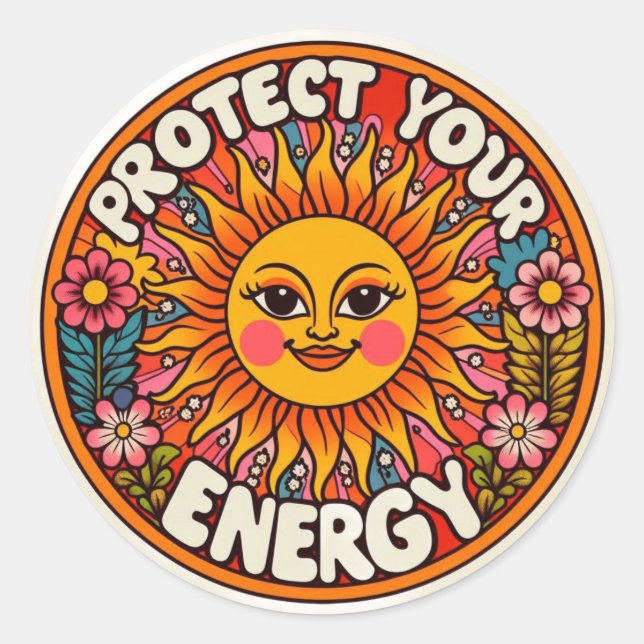 Retro Sun & Flowers Protect Your Energy Sticker -  (Front)
