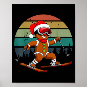 Retro sun gingerbread man skiing santa hat xmas poster