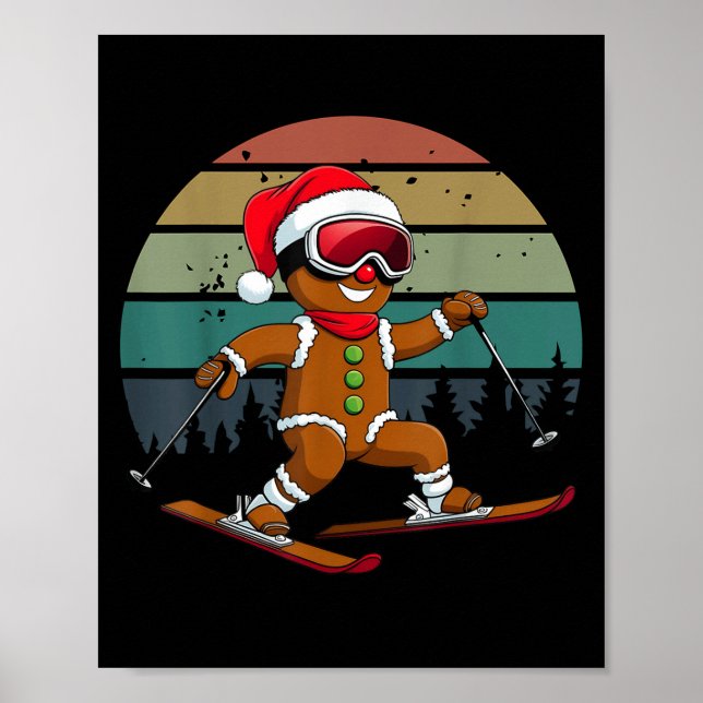 Retro Sun Gingerbread Man Skiing Santa Hat Xmas Sk Poster (Front)