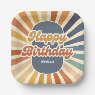 Retro Sun Groovy Wave Happy Birthday Paper Plate