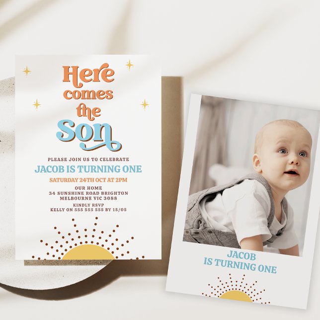 Retro Sun Here Comes The Sun 1st Birthday Invitation (Here comes the sun 1st birthday invitation, Sun birthday party, Sunshine first birthday boy, Retro )