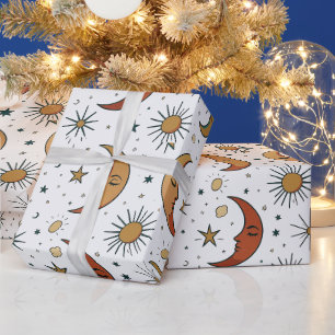Retro Sun Moon Stars Colorful Celestial Wrapping Paper