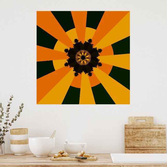 Retro Sun Rays Burst Sunset Black Orange Yellow  Poster (Kitchen)