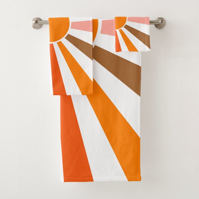 Retro Sun Rays Burst Sunset Orange Yellow Red    Bath Towel Set (Insitu)