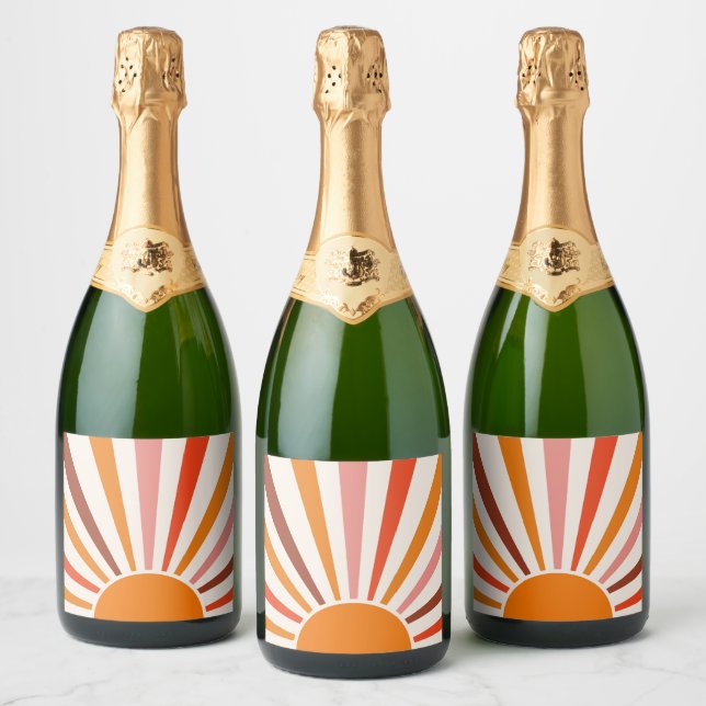 Retro Sun Rays Burst Sunset Orange Yellow Red  Sparkling Wine Label (Bottles)