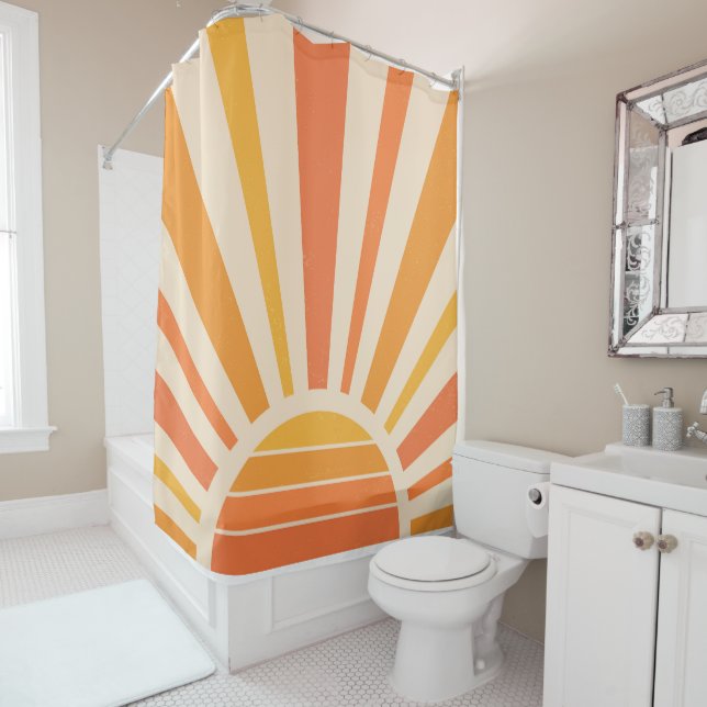 Retro Sun Rays in Yellow Orange Shower Curtain (In Situ)