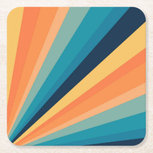 Retro sun rays square paper coaster