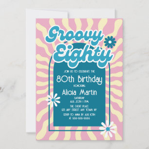 Retro Sun Wave Daisy Groovy Blue 80th Birthday Invitation