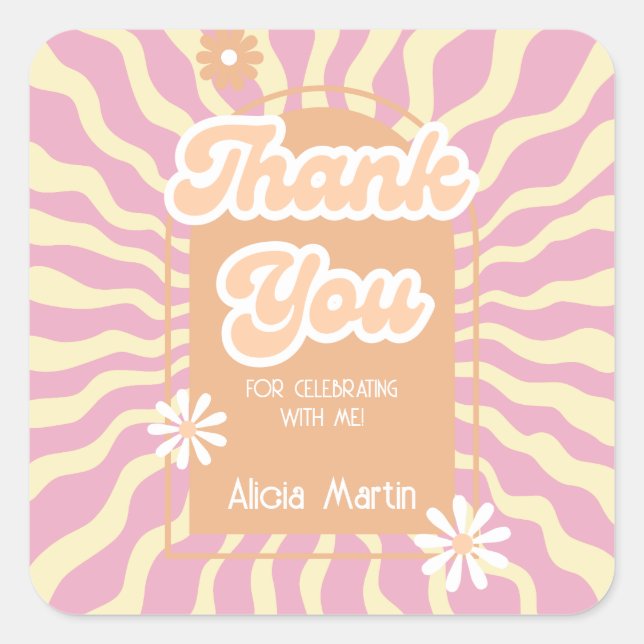 Retro Sun Wave Daisy Groovy Brown Thank You Square Sticker (Front)