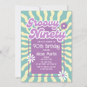 Retro Sun Wave Daisy Groovy Ninety 90th Birthday Invitation