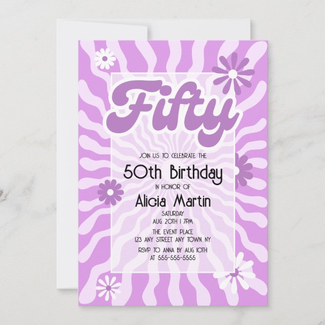 Retro Sun Wave Daisy Purple 50th Birthday Invitation (Front)