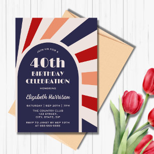 Retro Sunburst Arch Frame Typography Birthday Navy Invitation
